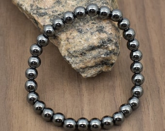 Natural 6 mm Hematite Bead Bracelet-5 inch to 9 inch-Men, Women,Unisex Gemstone Bracelet-Necklace Available-Healing Stone - 6mm