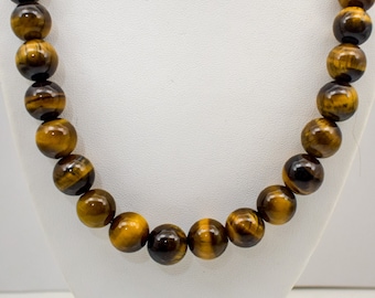 Natural 14 mm Tiger Eye Bead Necklace-18 inch, 20 Inch, 22 Inch, 24 Inch,27 inch-CUSTOM-Stainless Steel Lobster Clasp -Healing Stone