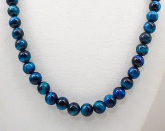 Natural 8 mm Blue Tiger Eye Bead Necklace-18 inch, 20 Inch, 22 Inch, 24 Inch, 27 inch,30 inch-CUSTOM-Stainless Steel Lobster Clasp