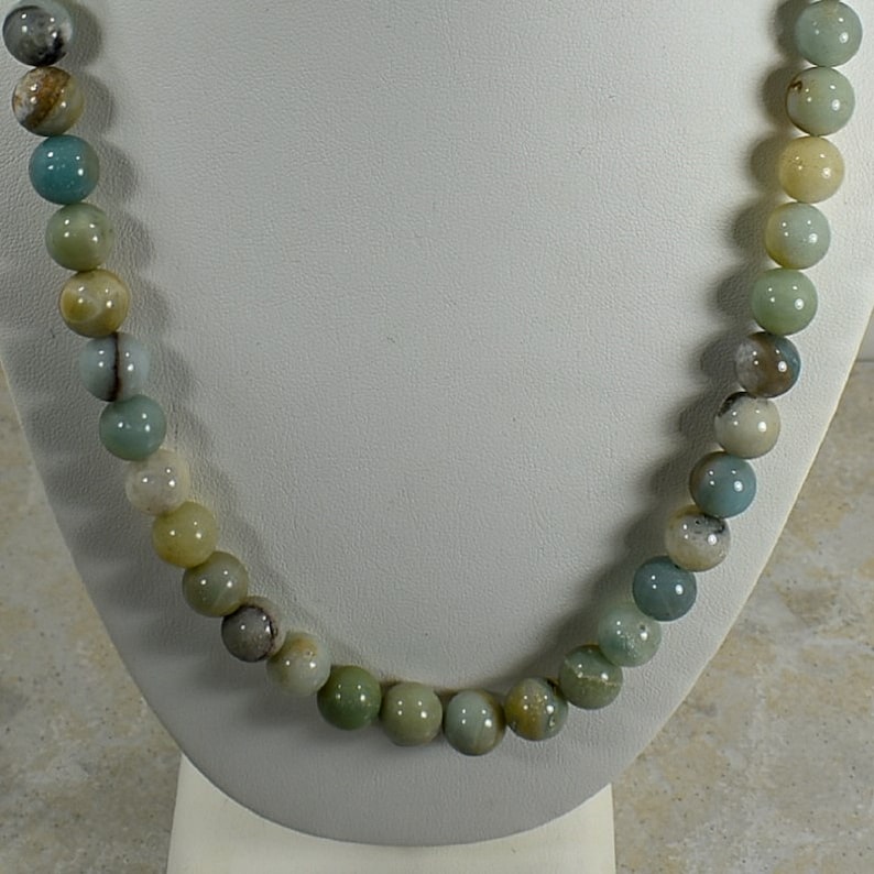 Natural 20 inch Amazonite 10 mm Bead Necklace-FREE SHIPPING-Stainless Steel Lobster Clasp