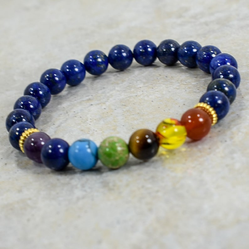 Natural Chakra Stone Bracelet Lapis Reiki Healing Balancing Round Yoga Beads 8 mm Bead Bracelet-FREE SHIPPING