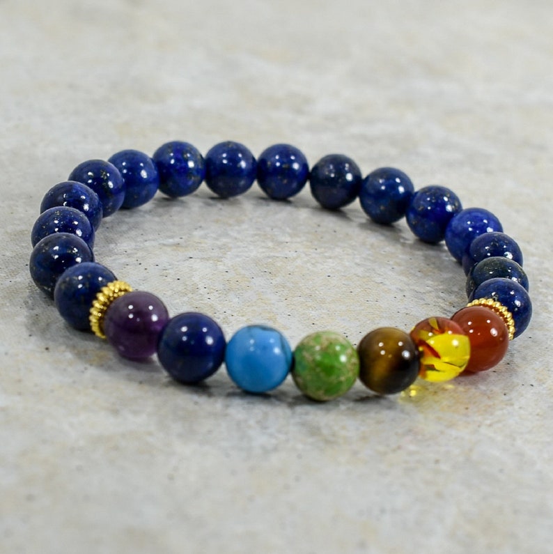Natural Chakra Stone Bracelet Lapis Reiki Healing Balancing Round Yoga Beads 8 mm Bead Bracelet-FREE SHIPPING