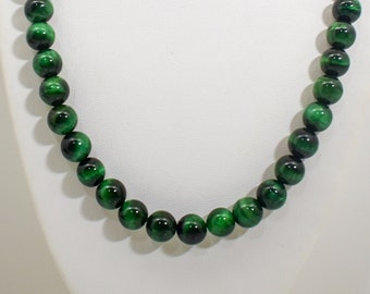 Natural 10 mm Green Tiger Eye Bead Necklace-18 inch, 20 Inch, 22 Inch, 24 Inch, 27 inch, 30 inch-CUSTOM-Stainless Steel Lobster Clasp