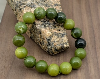 Natural Canada Jade 12 mm Bead Bracelet-6 inch to 9 inch-Men, Women,Unisex Gemstone Bracelet-Necklace Available -Healing Stone