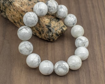 Natural 14 mm White Howlite Bead Bracelet-6 inch to 9 inch-Men, Women,Unisex Gemstone Bracelet-Necklace Available -Healing Stone