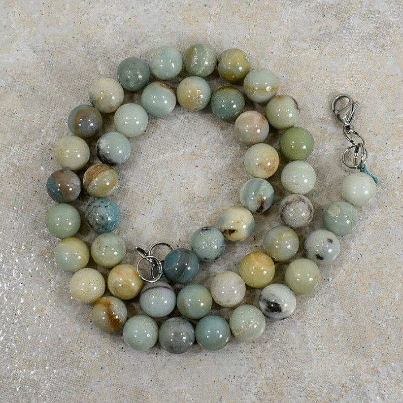 Natural 20 inch Amazonite 10 mm Bead Necklace-FREE SHIPPING-Stainless Steel Lobster Clasp