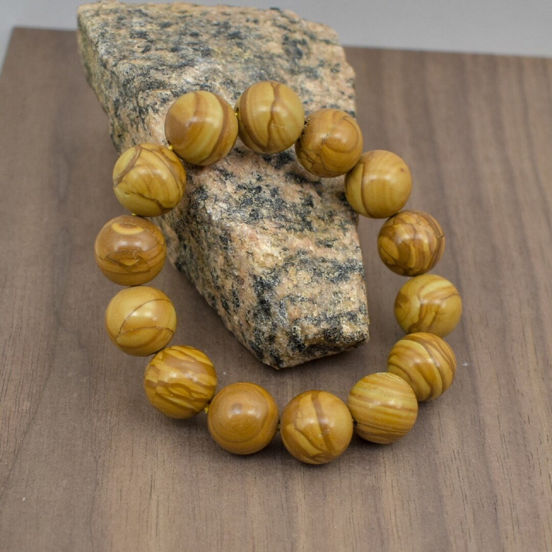 Natural 14 Mm Wood Grain Jasper Bead Bracelet6 Inch to 9 Inchmen