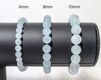 Aquamarine Bead Bracelet Natural Gemstone 6mm 8 mm 10mm - 5 to 9 inch-Men, Women,Unisex Gemstone Bracelet - Gloss Bead