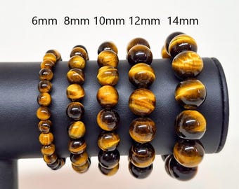 AAA Tiger Eye Bead Bracelet Natural Gemstone 6mm 8 mm 10mm 12mm 14mm - 5 to 9 inch- Men Women Gemstone Bracelet - Gloss Bead
