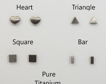 Pure Titanium stud earrings -Heart, Triangle, Square, Bar Solid Studs -Brushed Finish-Hypoallergenic Titanium Nickel Free-earring pair