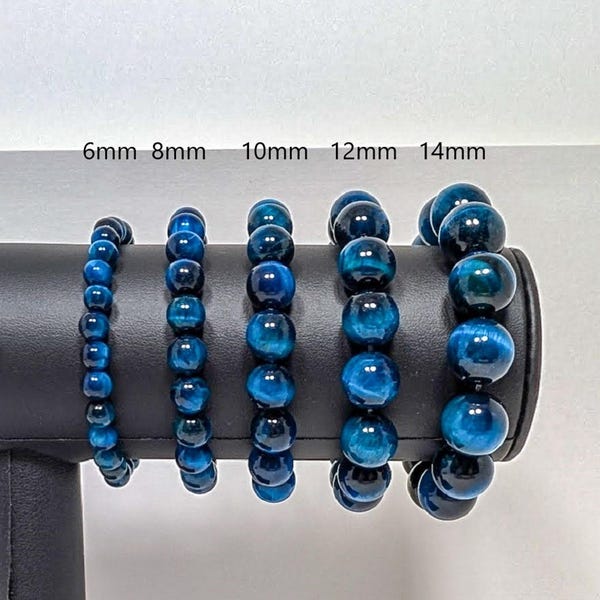 AAA Lake Blue Tiger Eye Bead Bracelet Natural Gemstone 6mm 8 mm 10mm 12mm 14mm - 5 to 9 inch-Men, Women Gemstone Bracelet - Gloss Bead