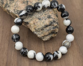 Natural 8 mm  Black White Zebra Jasper Bead Bracelet-5 inch to 9 inch-Men, Women,Unisex Gemstone Bracelet-Necklace Available -Healing Stone