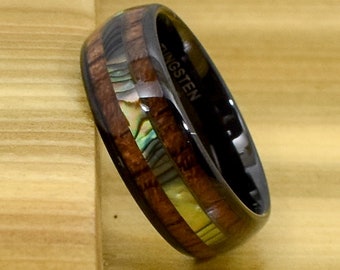 8 mm Tungsten Ring Black,Koa Wood Mens Ring,Wedding Band,Women-Promise,Engagement Ring-