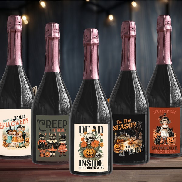Vintage Halloween Party Digital Wine Labels | Pumpkin Wine Labels | Spooky Party Decoration | Creep It Real Halloween Party Wine Labels