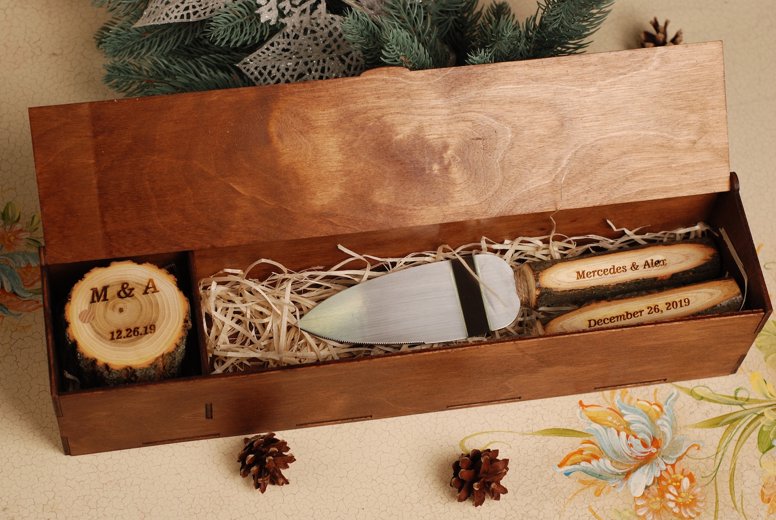 Cake knife set Wedding knife set Cake serving set Wedding cake server Wedding cake knife Rustic wedding Personalized server Wedding gift - knives + ring box, 0 (without box)