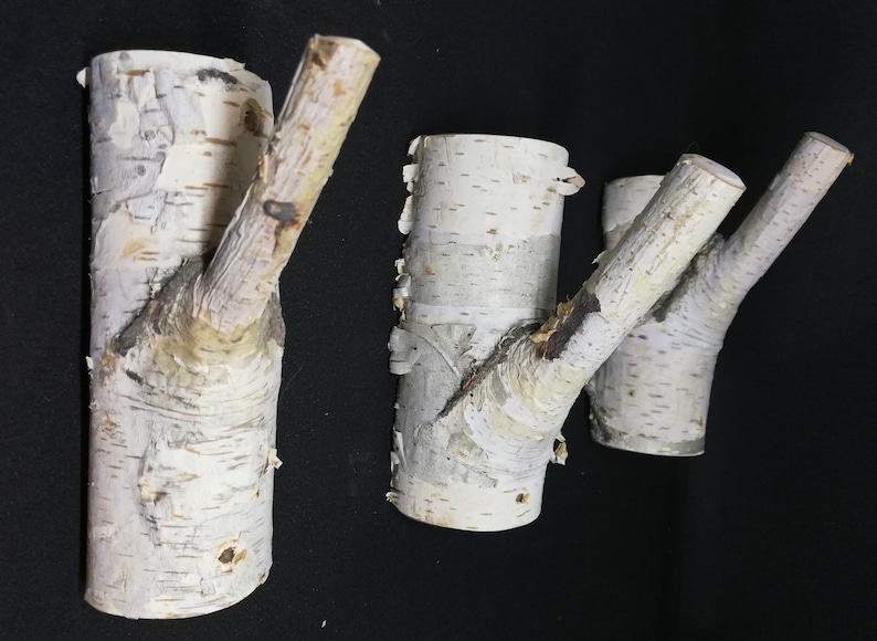 Puede incluir: Tres ganchos de madera de abedul blanco con corteza natural. Cada gancho tiene una sola rama que se extiende para colgar objetos.