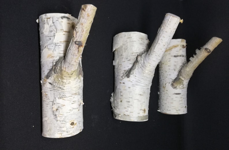 Puede incluir: Tres ganchos de pared de madera de abedul blanco con ramas naturales. Los ganchos son de diferentes tama&ntilde;os y tienen un aspecto r&uacute;stico y natural.