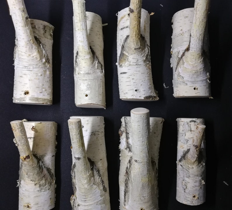 Puede incluir: Diez ganchos de madera de abedul natural con un acabado r&uacute;stico blanqueado. Los ganchos tienen forma de ramas y tienen un aspecto natural y org&aacute;nico. Ser&iacute;an perfectos para colgar abrigos, sombreros o bolsos en un pasillo o entrada.