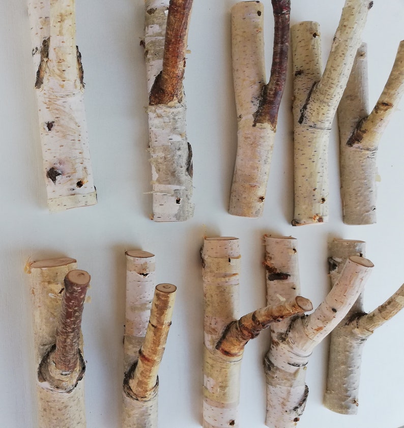 May include: A set of nine natural birch wood hooks, perfect for hanging coats, hats, or scarves. The hooks are made from real birch branches and have a rustic, natural look.