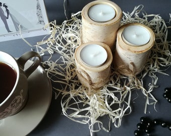 Wooden candle holder. Set of 3 pcs. Wooden candlestick. Tree candle holder. Birch candle. Wood tealight holder. Wooden Tea Light Holder.