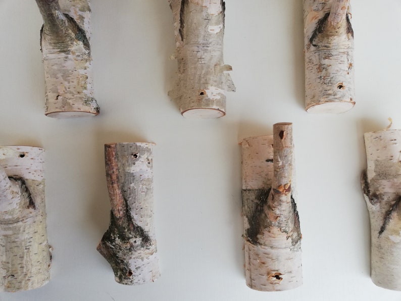 May include: Set of eight birch wood hooks, each with a unique shape and natural bark texture. The hooks are perfect for hanging coats, hats, or other items in a rustic or farmhouse style.