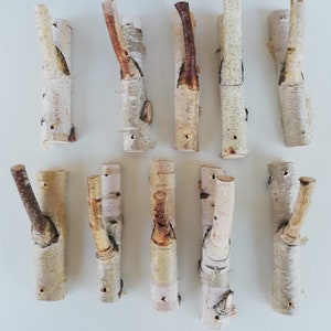 May include: Ten natural birch wood hooks with a rustic, whitewashed finish. The hooks are made from branches with a natural, forked shape. They are perfect for hanging coats, hats, or other items.