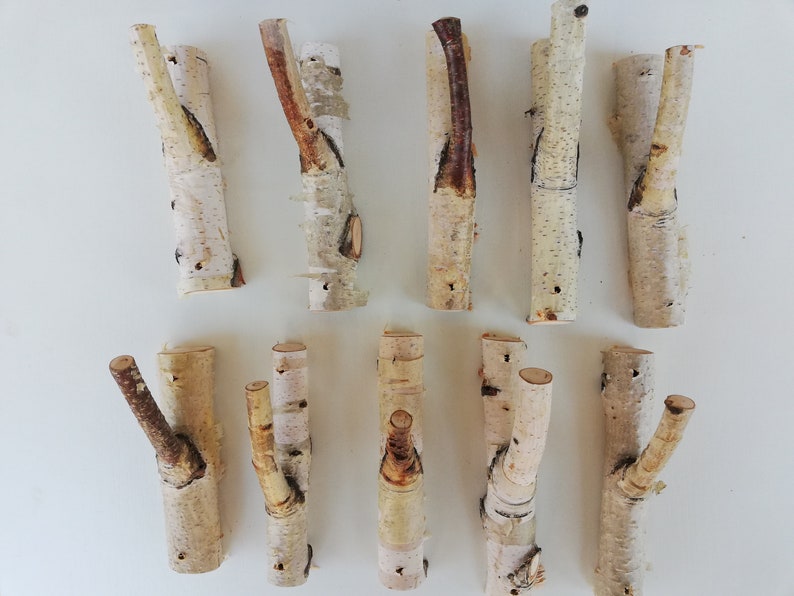 May include: A set of 12 natural birch wood hooks, perfect for hanging coats, hats, or scarves. The hooks are made from real birch branches and have a rustic, natural look.