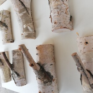 May include: A set of seven birch wood wall hooks, each with a unique branch shape and natural bark texture. The hooks are mounted on a white wall and are ready to hang coats, hats, or other items.