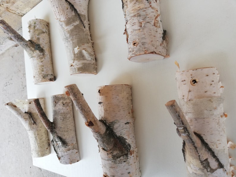 May include: A set of seven birch wood wall hooks, each with a unique branch shape and natural bark texture. The hooks are mounted on a white wall and are ready to hang coats, hats, or other items.