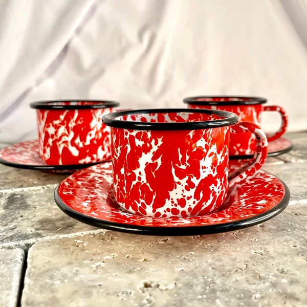 Vintage Red Enamel Ware Cup and Saucer
