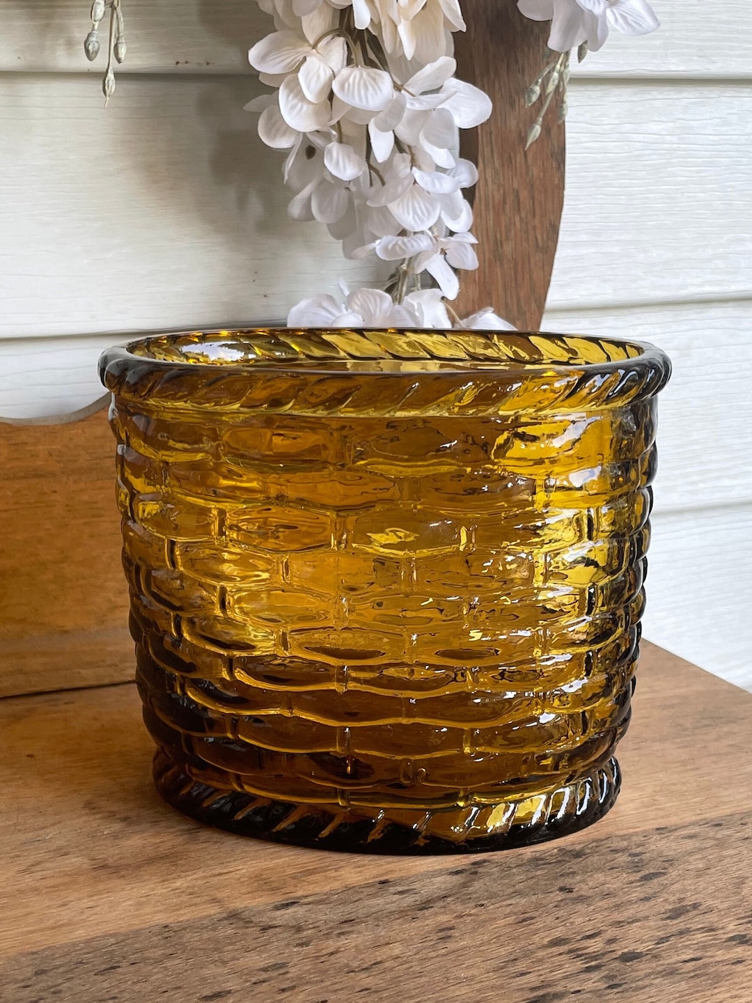 Vintage Amber Glass Basket Weave Style Vase Etsy