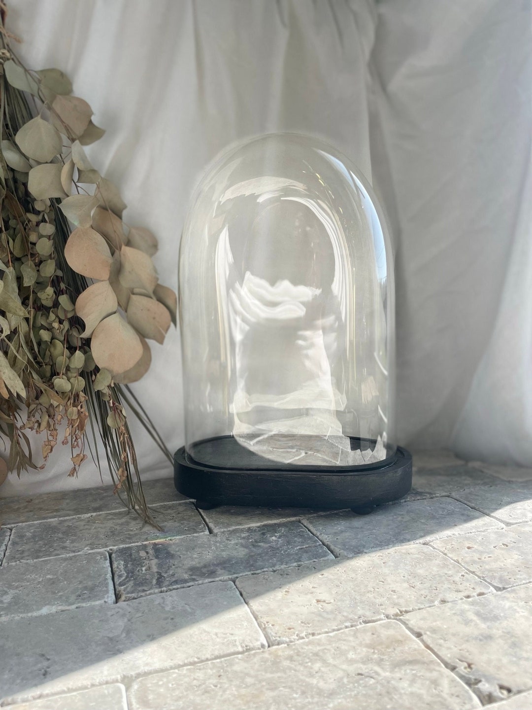 Antique Handblown Oval Glass Dome / Cloche on an Ebonized Etsy