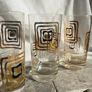 Retro Geometric Black and Gold Metallic Highball Cocktail Glasses