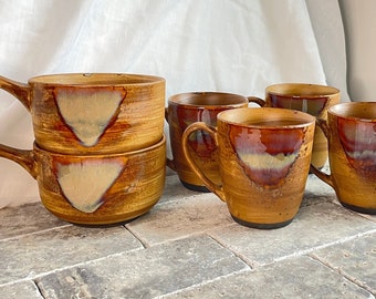 Sango and Splash 4951 Drip Glaze Coffee Mugs and Soup Bowls set