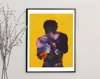 Backbone Limited Edition Print: Floral Yellow Surreal Black Art (11x14)