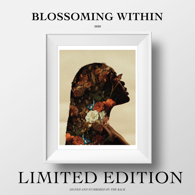 LIMITED EDITION: Blossoming Within 11x14 Print Surreal Artwork Wall Art Decor Black Art Melanin Art Flower Art image 1