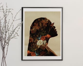 Blossoming Within Limited Edition Print: Floral Silhouette Surreal Black Art (11x14)