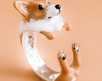 Corgie Ring silver 925 dog ring - carved silver - - dog lover - - dog lover - enamelled - My Silver pet ring dog hug : Corgi