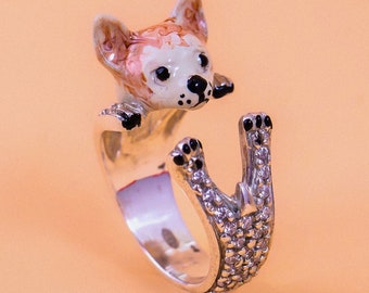 Chihuahua/ Pincher silver 925 dog ring carved silver dog lover dog lover - enamelled - My Silver pet ring dog hug : stone