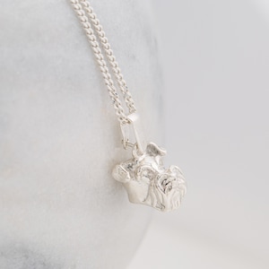 May include: A silver necklace with a detailed, three-dimensional pendant of a Schnauzer dog's head.