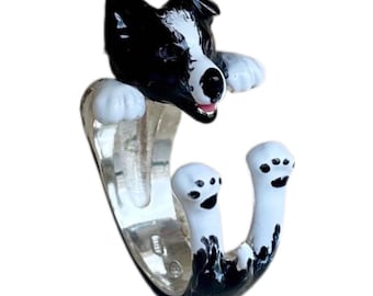 Anillo de plata 925 con diseño de Border Collie inglés, hecho a mano en Italia.