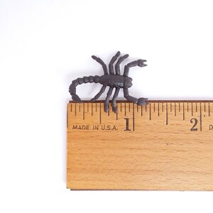 Puede incluir: Un juguete de escorpi&oacute;n de pl&aacute;stico negro que mide aproximadamente 2,5 cm de largo, colocado sobre una regla de madera con marcas en cent&iacute;metros.
