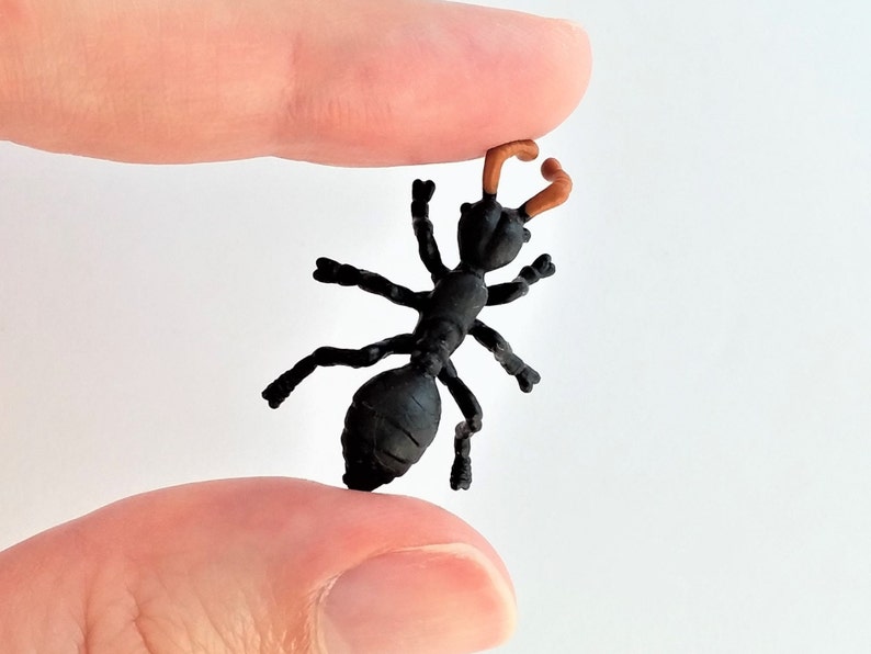 May include: A small, black ant figurine with brown antennae. The ant has six legs and a segmented body. The figurine is held between two fingers against a white background.