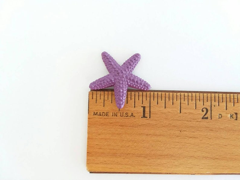 May include: A purple starfish measuring approximately 1 inch in length. The starfish is placed on a wooden ruler with markings for inches.