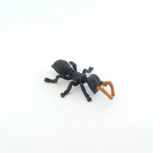 May include: A black plastic ant toy with orange antennae and legs. The ant is positioned on a white background, showcasing its detailed features. The toy is a miniature replica of an ant.