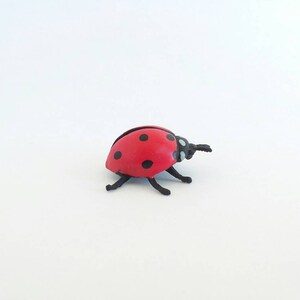 Pu&ograve; includere: Un giocattolo di coccinella rosso con macchie nere e gambe nere. La coccinella &egrave; fatta di plastica e ha una finitura lucida.
