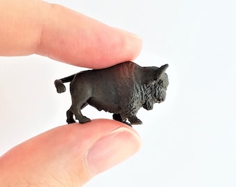 Tiny Bison Figurine - Soft Plastic Animal for Fairy Garden, Diorama, or Terrarium - Realistic Miniature Wild American Buffalo - Mini Figure