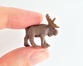 Tiny Moose Figurine - Soft Plastic Elk for Fairy Garden, Diorama, or Terrarium - Realistic Miniature Animal - Mini Forest Wildlife Toy