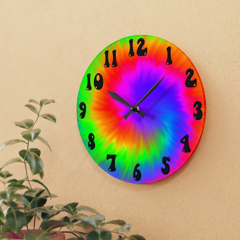 Large Funky Wall Clock Unique Cool Tie Dye Rainbow Acrylic Wall Art Playroom Office Wall Decor
