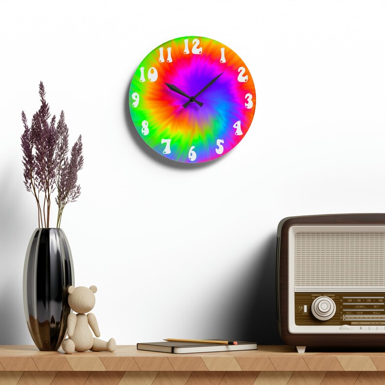Large Funky Wall Clock Unique Cool Tie Dye Rainbow Acrylic Wall Art Playroom Office Wall Decor